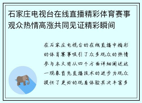 石家庄电视台在线直播精彩体育赛事观众热情高涨共同见证精彩瞬间